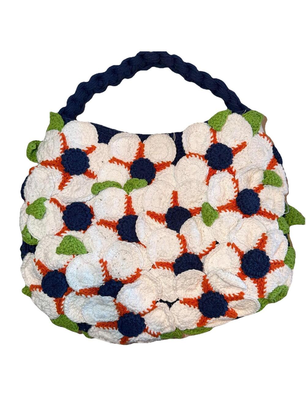 RARE Elliot Mann Handmade Mini Yvonne Navy Handbag Tote Bag Daisies Flowers 14"